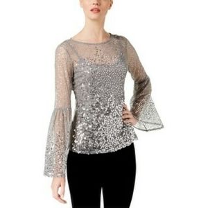 Silver sequined sparkly long/bell/flare sleeve top